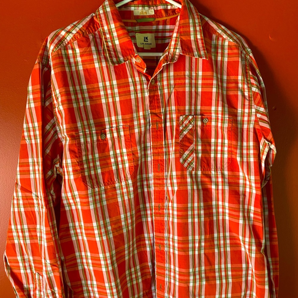 Life Khaki orange plaid slim fit long sleeve button down